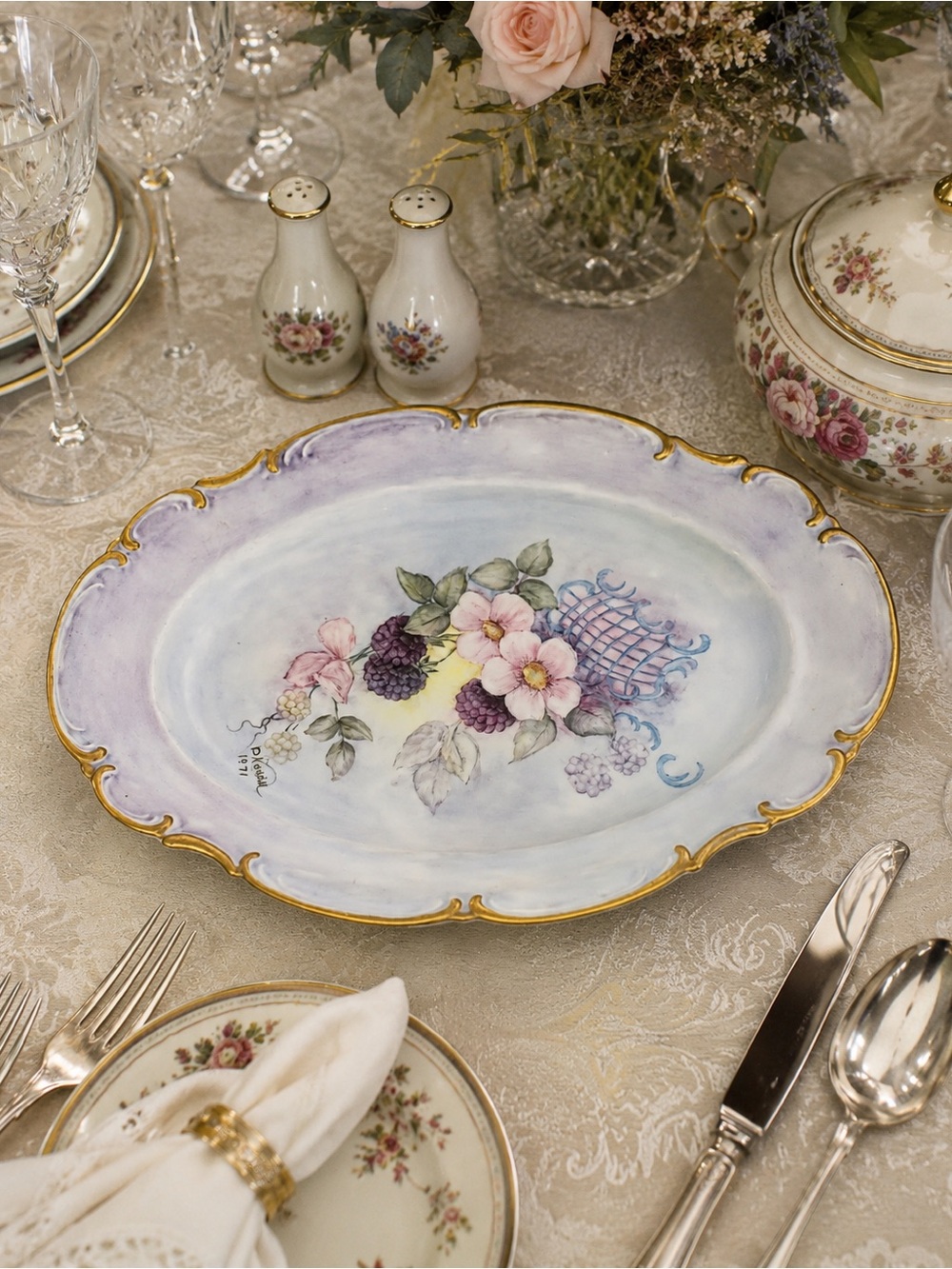 Vintage 1971 Hutschenreuther Sylvia Bavaria Hand-Painted Floral Serving Platter